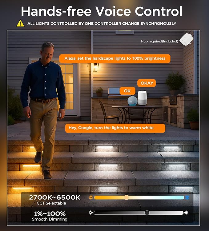CLOUDY BAY [8 Pack] Low Voltage 7 Inch Smart Hardscape Lighting,3.5W LED Paver Light,2700-6500K,1.5W RGB Color Changing,Compatible with Alexa & Google Assistant,Hub Included,Transformer Excluded