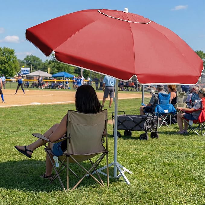JEAREY 6.5ft Sun Shade Umbrellas, Portable Umbrella with Stand, Lightweight Sun Protection Free Standing Sport Umbrella for Outdoor Sports, Camping, Fishing, Patio, Beach, Red