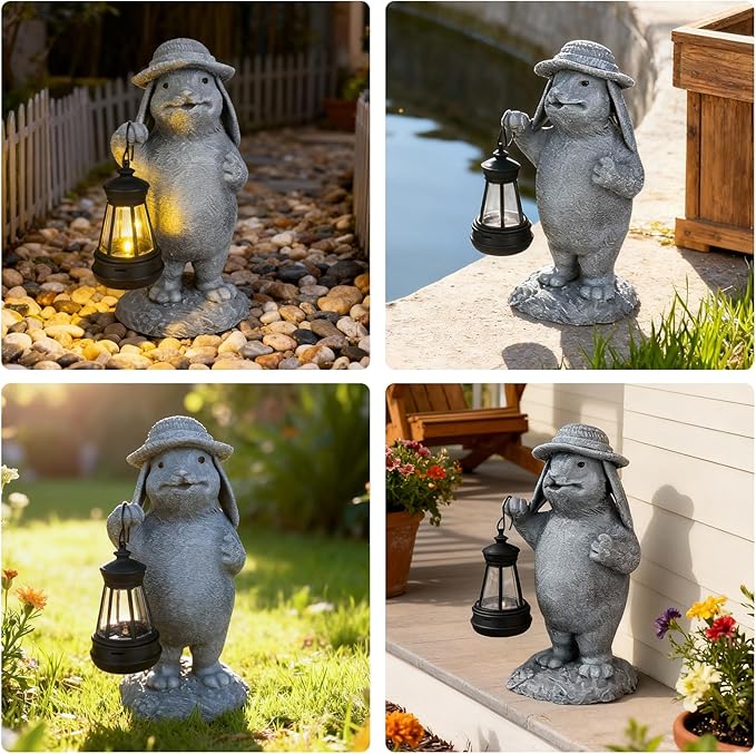 Solar Rabbit Garden Statue with Hanging Lantern - Funny Outdoor Bunny Figurine Easter Decor- Waterproof Resin Sculpture for Yard, Patio, Pathway - Easter Decorations & Birthday Gifts for Mom, Grandma