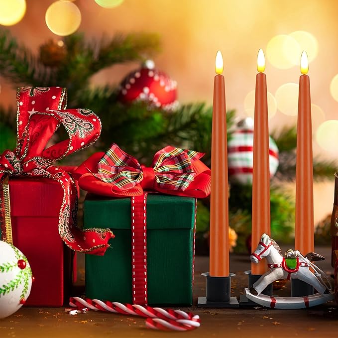 CVHOMEDECO. Flameless Taper Candles with 10-Key Remote, Battery Operated Led Flickering 3D Wick Window Candles Real Wax Finished Home Christmas Party Decor 0.78 x 11 Inch, Pack of 3, Orange