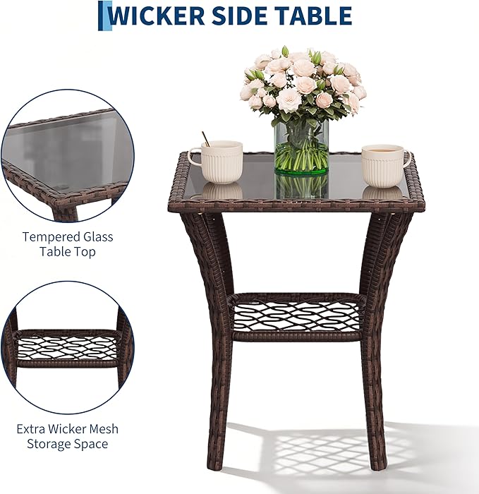 3 Pieces Patio Furniture Set, Outdoor Swivel Glider Rocker Set w/Washable Cushion and Tempered Glass Tabletop, Conversation Furniture for Deck Porch Balcony Backyard Garden,Brown & Beige