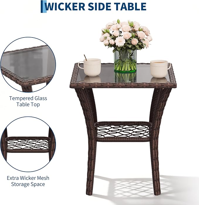 3 Pieces Patio Furniture Set, Outdoor Swivel Glider Rocker with Washable Cushions, Tempered Glass Tabletop Conversation Set for Deck, Porch, Balcony, Backyard, Garden, Brown & Beige