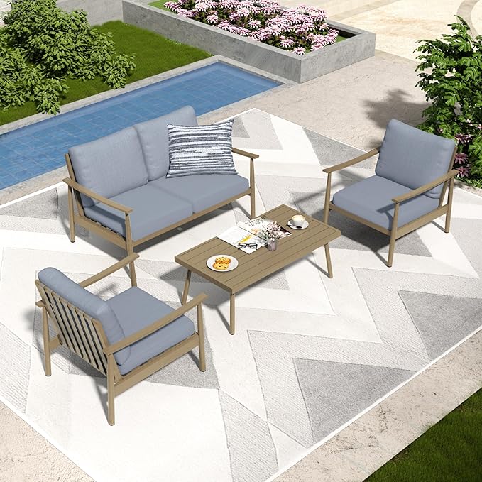 4 Pieces Patio Furniture Set, Aluminum Outdoor Patio Furniture Sets, 2 Armchairs and Loveseat with Thick Cushion, Patio Conversation Set for Backyard Deck Poolside, Blue & Brown