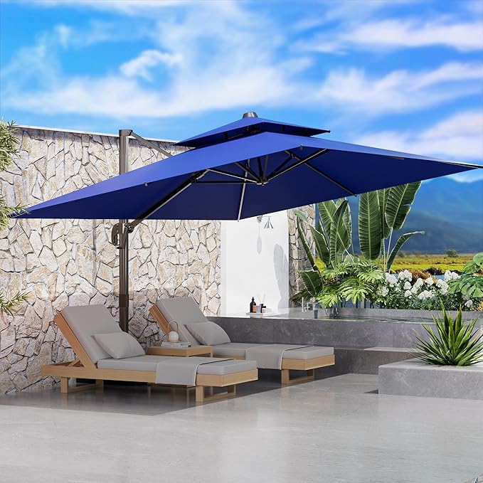 10' X 13' Outdoor Patio Umbrella Large Rectangle Cantilever Umbrella with Base Included, Heavy Duty 360°Rotation Offset Umbrella for Garden Deck Pool Patio,Navy Blue