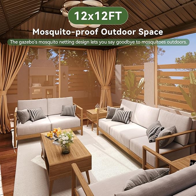 Aoxun 12’x12’ Outdoor Gazebo, Heavy Duty Canopy Pavilion with Ventilated Double Roof, Patio Pergola with Netting and Curtains for Backyard, Garden, Deck (Brown)