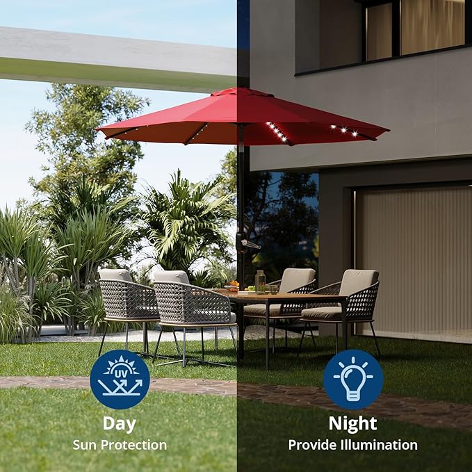 10FT Patio Umbrella with Solar Lights, Outdoor Table Umbrella with Tilt & Crank, 8 Ribs Waterproof UV Protected for Pool, Deck, Backyard, Red