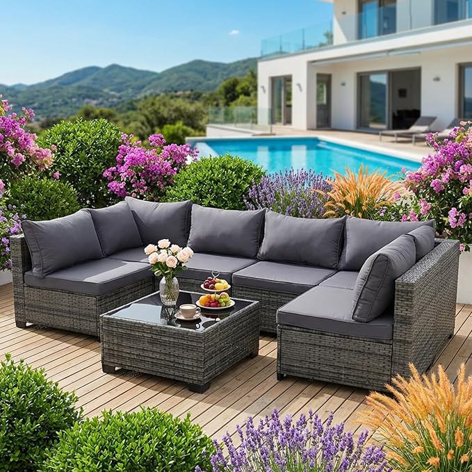 7-Piece Outdoor Wicker Furniture Set, PE Rattan Sectional Sofa with Coffee Table, All-Weather Patio Conversation Set with Thick Cushions for Backyard (Gray)