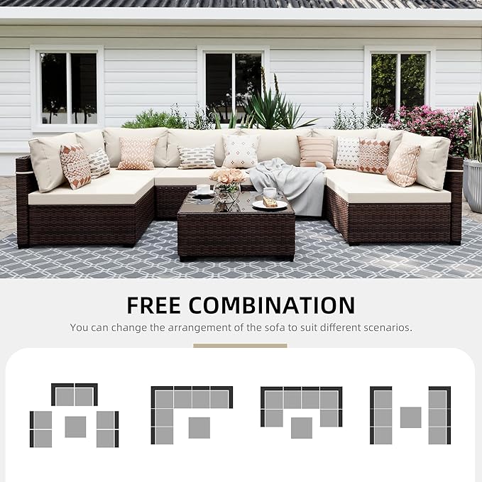 UPHA 7 Pieces Patio Furniture Sets, Wicker Outdoor Sectional Sofa Couch with Coffee Table, Patio Conversation Set for Deck Backyard Garden, Brown Rattan, White Cushion