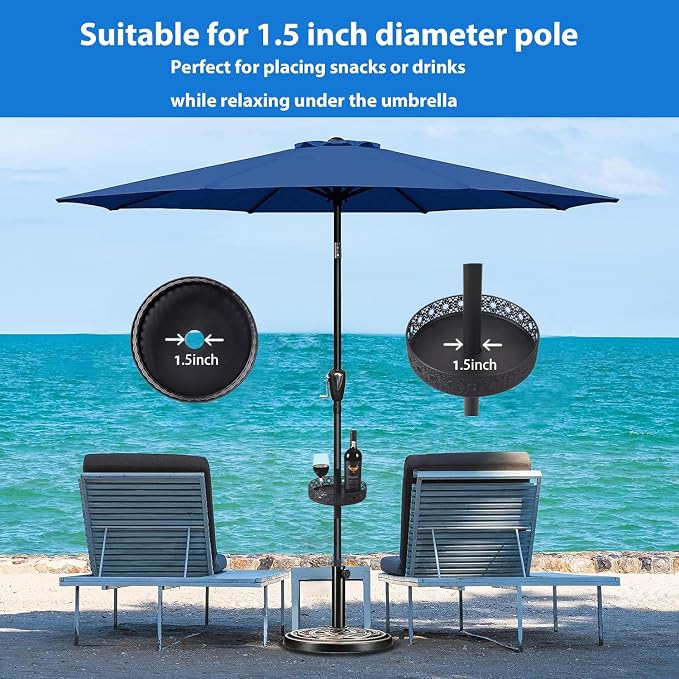 11'' Patio Umbrella Table Tray for Outdoor, Portable Round Table Tray with Umbrella Hole for Beach Patio Garden Pool Umbrella, Hollow Sunflower Shape, Black