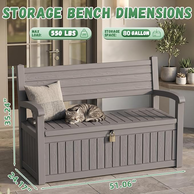 80 Gallon Outdoor Storage Bench Deck Box Waterproof Resin Lockable UV Resistant Benches Furniture Outside Porch Patio Pool Garden Tool Cushion Beige