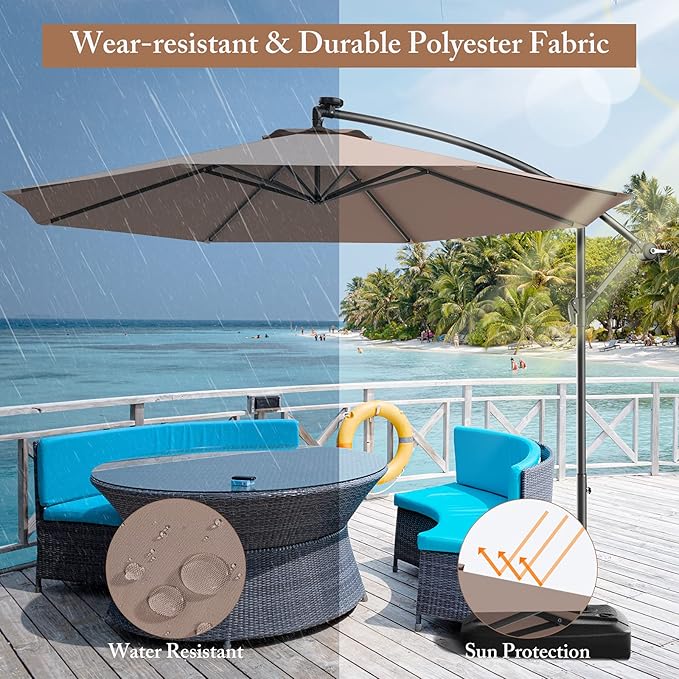 Giantex 10ft Offset Patio Umbrella with Cross Base, Tan, Polyester Fabric, 96% Sunlight Protection