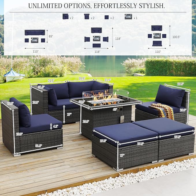 BULEXYARD 7 Piece High Back Outdoor Sectional Set with Fire Pit Table, Wicker Patio Furniture Set Weather-Resistant, Modular 6-Person Couch Sofa Comfortable Wide Deep Seats for Deck, Grey & Navy Blue