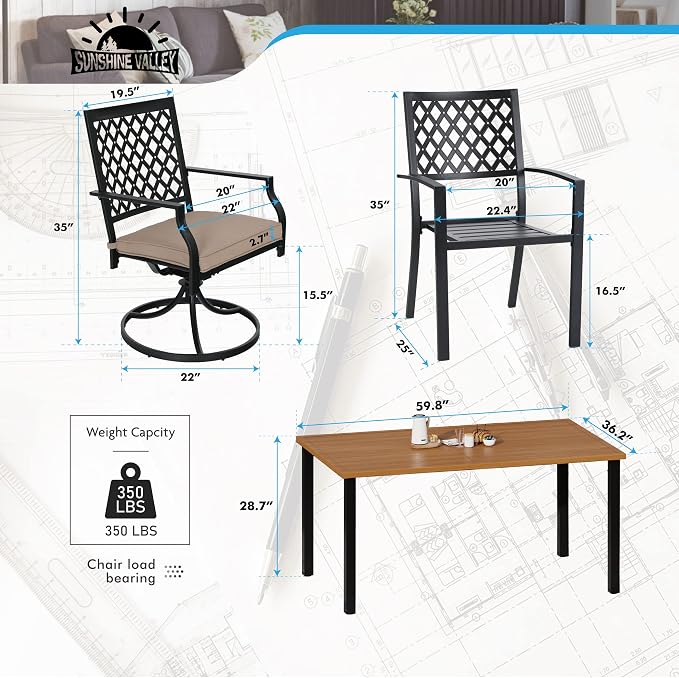 SUNSHINE VALLEY Patio Dining Set,Wood-Like Metal Table w/Umbrella Hole | 60x36 Metal Table&6 Pcs Rust-Proof Stackable Chairs, Outdoor Table and Chairs Set for Backyard Garden Deck