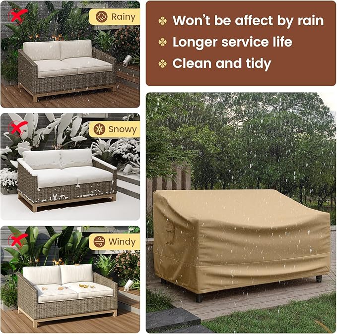 Tangkula Patio Loveseat Cover, 2-Seater Waterproof Outdoor Deep Sofa Cover with Padded Handle & Click-Close Straps, Patio Furniture Cover with Air Vent, Heavy Duty PU Couch Cover, 60"W x 43"H x 30"H