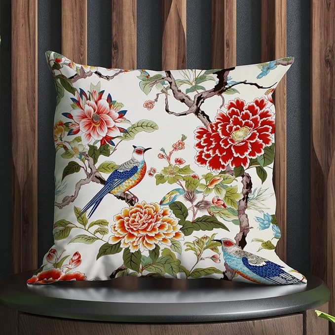 Chinoiserie Tree Peony Bird Cushion Cases Floral Coral Turquoise Pillowcase 26x26 INModern Accent Modern Decorative Pillow Covers for Patio Couch Bench