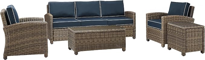 Crosley Furniture Bradenton 5-Piece Outdoor Sofa Patio Furniture Set, Wicker Conversation Sets for Porch, Brown with Navy Cushions