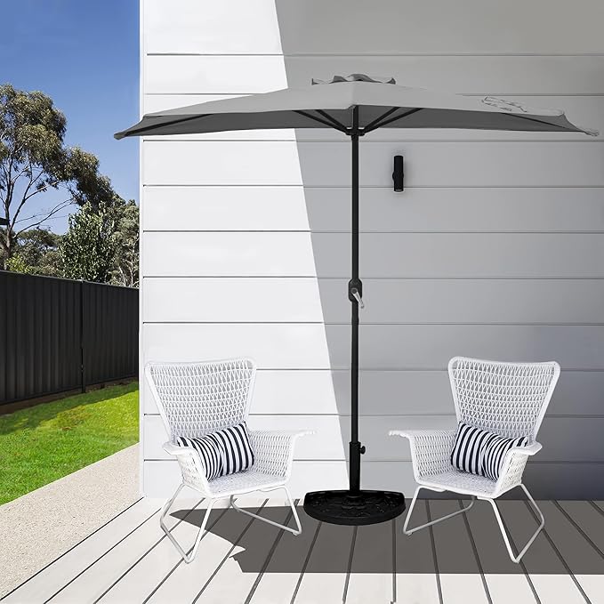 WO Home Furniture 9 ft Half Market Outdoor Umbrella With Sturdy Half Base included, Polyester Canopy, All Weather and UV Resistant for your Patio, Awning, Window, Garden, Balcony, Gray