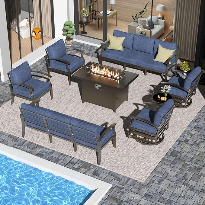Aluminum Patio Furniture Set with 55,000 BTU Propane Fire Pit Table,10 Seats Metal Modern Outdoor Furniture w/5.1" Cushions,Patio Sectional w/Swivel Chairs for Patio,Backyard,NavyBlue