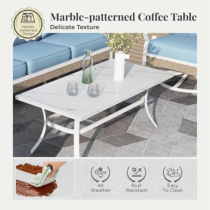 4 Piece Metal Patio Furniture Set, 5-Seat All Weather Outdoor Conversation Set with 3-Seat Sofa & 2 Fixed Chairs & 47'' Coffee Table, Outdoor Furniture Set for Backyard, Deck, Garden, White/Blue