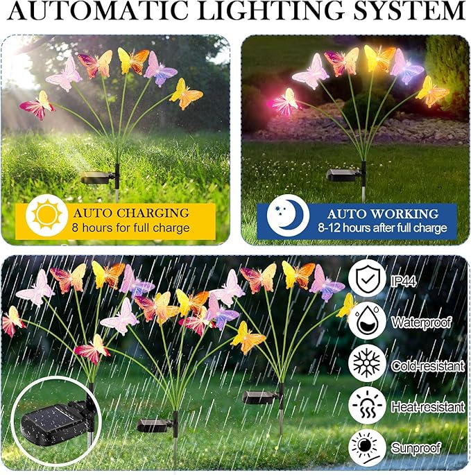 4 Pack Solar Butterfly Lights Outdoor Garden, 6 Head Solar Swaying Pathway Stake Lights Waterproof for Yard Lawn Patio Walkway Landscape Decor