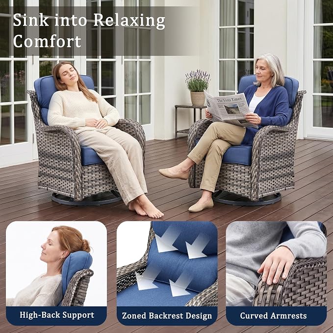 6 Piece Wicker Patio Furniture Set with Swivel Rocker Chairs Set of 4 Grey