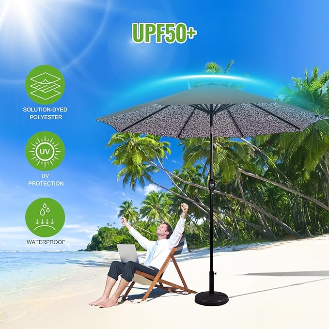 Backyard Expressions 9FT Solar Patio Umbrella with 32 LED Lights, UPF50+ UV Protection, Fade-Resistant Fabric, Easy Tilt & Crank, Outdoor Umbrella for Patio, Deck & Pool (Base Not Included)