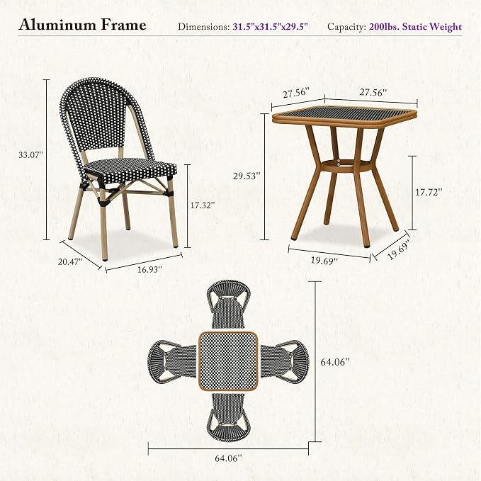 PURPLE LEAF 5-Piece French Bistro Dining Set Square Outdoor Patio Table and 4 Armless Chairs Tempered Glass Top PE Rattan Champagne Print Finish Aluminum Frame Black