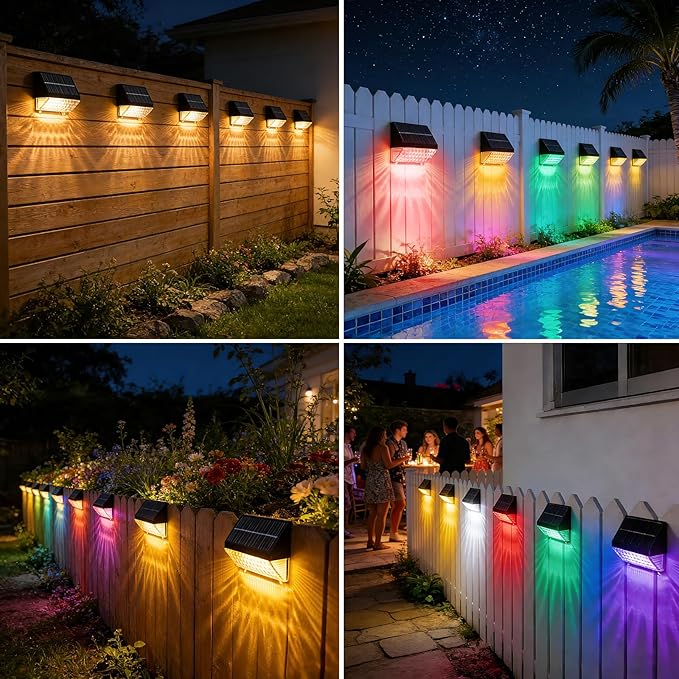 FVTLED Solar Fence Lights Outdoor, RGBW Color Changing Solar Wall Lights Outdoor with Remote Control, Waterproof LED Deck Light for Garden Yard Patio Deck Step Patio Wall (4 Pack)
