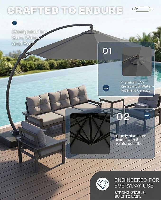 12 FT Cantilever Umbrella with Base Included, Large Round 360° Rotation Offset Umbrella Outdoor Patio, Heavy Duty Aluminum Frame, Sand-Weighted Stand, for Deck, Backyard, Pool, Garden (Grey)