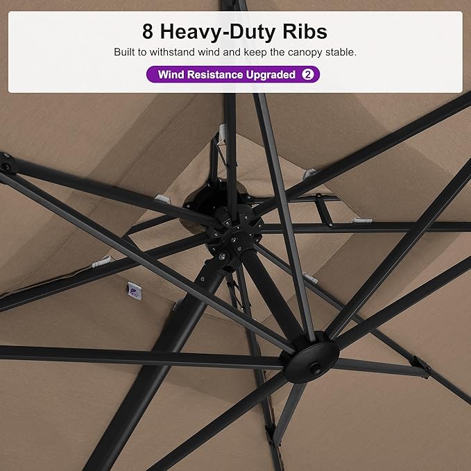 PURPLE LEAF 10 FT Cantilever Umbrella Outdoor Patio Umbrella with Light, Large Offset Square Umbrella, Windproof Heavy Duty Hanging Outside Umbrellas for Patio, Ash Mocha
