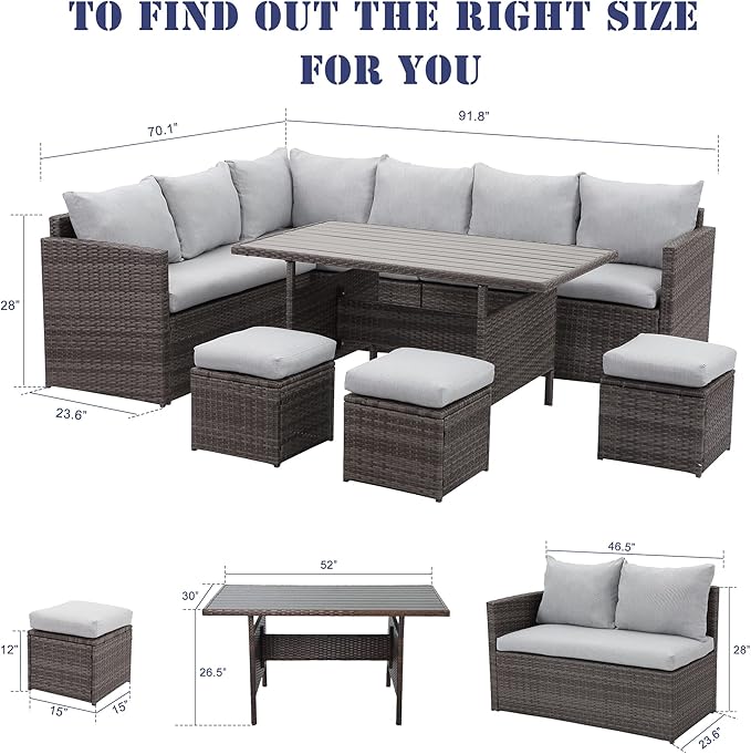 Wisteria Lane Patio Furniture Set - 7 Piece Wicker Rattan Outdoor Dining Set with Table, Chairs, Ottomans, Sectional, Grey