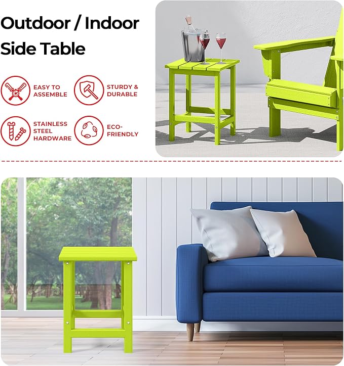 Costaelm Square Outdoor Side Tables, Adirondack Patio Tables for Outside, HDPE Patio End Table Weather Resistant, Balcony Table for Pool, Seaside, Backyard, Porch, Indoor Companion, Lime