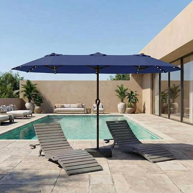 15FT Patio Umbrella with Solar Lights, Double-Sided Extra Large Outdoor Table Umbrella with Base Included, Heavy-Duty 12 Iron Ribs Market Umbrella for Garden, Pool, Backyard, Navy Blue