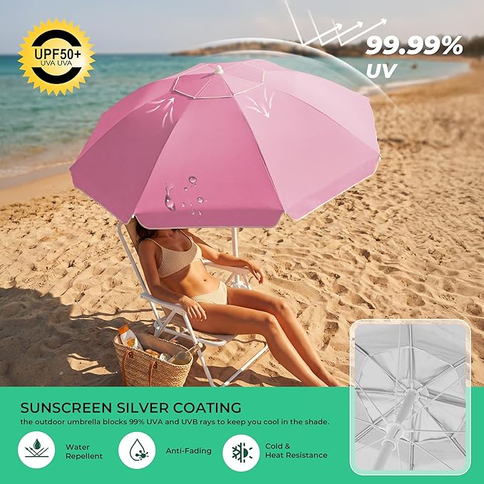 JEAREY 6.5ft Sun Shade Umbrellas, Portable Umbrella with Stand, Lightweight Sun Protection Free Standing Sport Umbrella for Outdoor Sports, Camping, Fishing, Patio, Beach, Sakura Pink