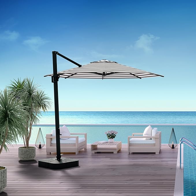 Midtown Umbrellas 10 Ft Outdoor Cantilever Patio Umbrella w/Terylast Matter Stripes Fabric - Tilt 360° Offset Patio Umbrella, Deck Patio Umbrella, Backyard Umbrella & Garden Umbrella - Black Frame