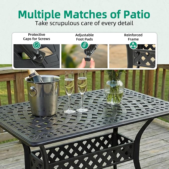 VIVIJASON 3 Piece Patio Bistro Set, Cast Aluminum Outdoor Dining Set with 42" x 24" Rectangular Table and 2 Chairs, Rust Proof & Weather Resistant Furniture for Small Balcony, Porch, Garden, Deck