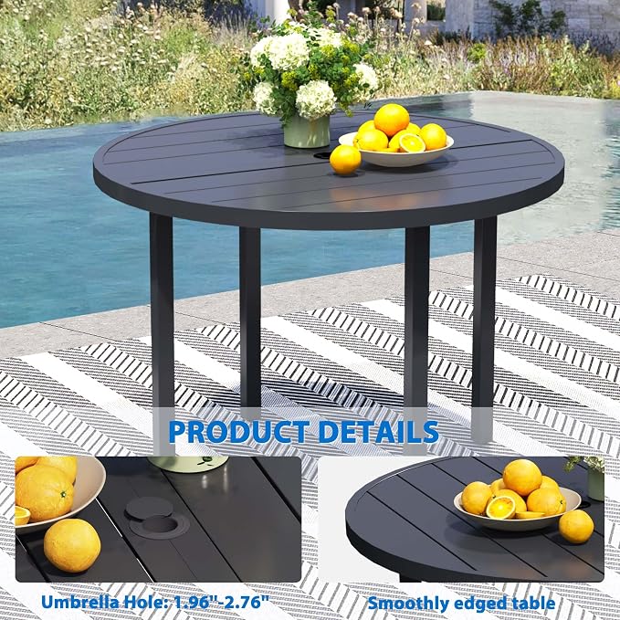 9-Piece Outdoor Dining Set for 8 – 60" Black Round Outdoor Table with Umbrella Hole & 8 White Patio Swivel Chairs, All-Weather Patio Furniture