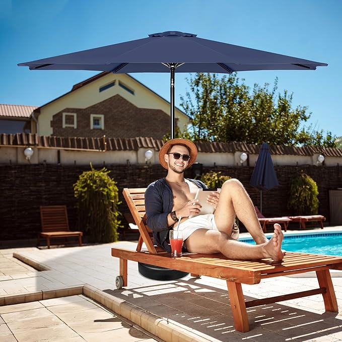 HealSmart 9ft Patio Umbrella with Push Button Tilt/Crank, Outdoor Table Market Yard Umbrella with 8 Sturdy Ribs for Garden, Backyard, Deck, Pool, Dark Blue
