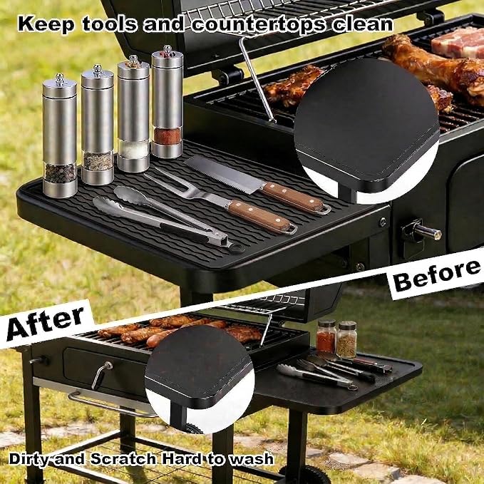 Silicone Grill Tools Mat for Blackstone Weber Traeger Pit Boss Flat Top Grill Smoker,BBQ Accessories Pad Mats for Outdoor Kitchen Counter Cooking, Side Shelf Spatula Mat,Gifts for Men (Black)