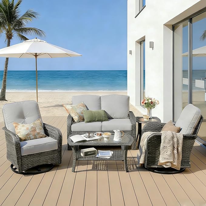 5 Pieces Patio Furniture Set, All Weather Rattan Patio Conversation Sets with Swivel Rocking Chairs, Coffee Table, High Back Outdoor Furniture Loveseat for Porch, Backyard,Grey