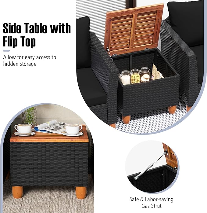 Tangkula 3 Pieces Patio Porch Furniture Set, PE Rattan Wicker Chair Conversation Set with Cushions and Storage Table, Outdoor Acacia Wood Bistro Set for Garden, Poolside (Black)