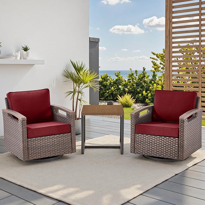 Rilyson Outdoor Patio Swivel Rocking Chairs Set of 2, Patio Bistro Set with All Weather Wicker, Metal Armrest, Deep Seating, Thick Cushions, Side Table, Ideal for Deck Porch Backyard, Brown/Red