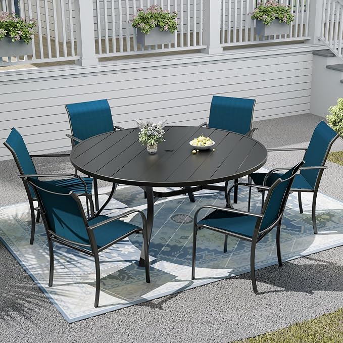 Patio Table and Chairs Set for 6 Person,54" Round Steel Slat Outdoor Table with 6PCS Breathable Textilene Stackable Chairs for Deck/Backyard/Poolside/Garden