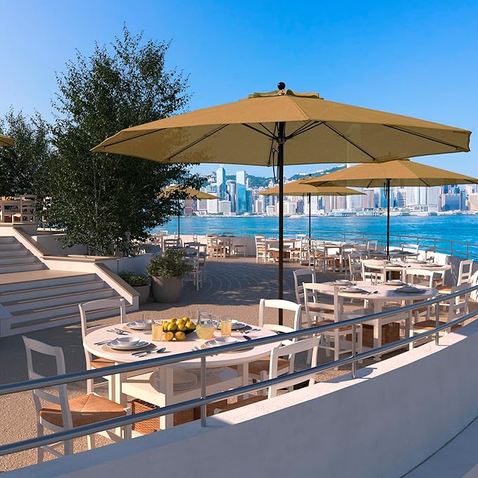 California Umbrella 11Ft Commercial Grade Sunbrella Fabric Market Umbrella, Pulley Lift, Aluminum/Fiberglass, 2mm pole wall, Bronze Frame, Heather Beige Fabric