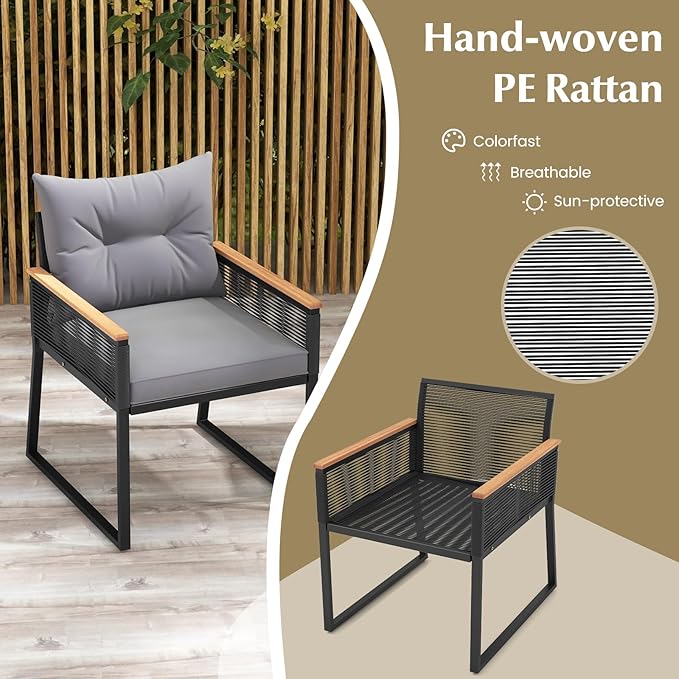 HAPPYGRILL 3 Pieces Patio Furniture Set PE Rattan Wicker Chairs with 2 Tier Coffee Table, Soft Back and Seat Cushions, Outdoor Conversation Set for Backyard, Garden and Poolside