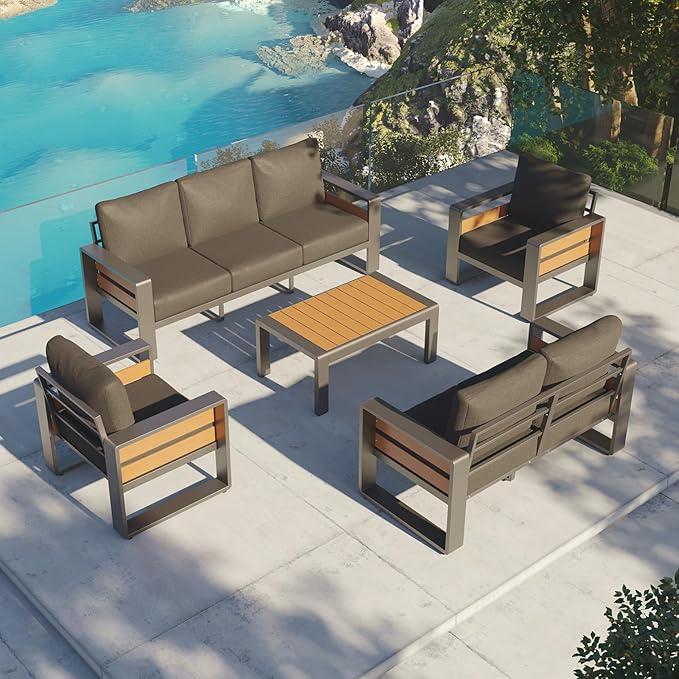 Aoxun Aluminum Patio Furniture Set, 7 Seats Luxury Metal Patio Furniture with Coffee Table, Thick Cushions and Waterproof Cover, Modern Outside Sectional Set for Backyard/Garden/Poolside, Dark Grey