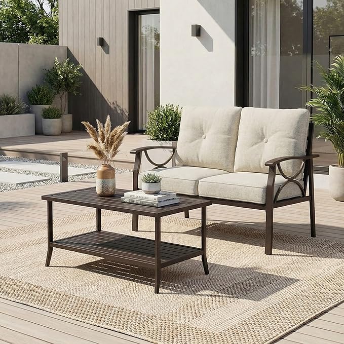 RoyalCraft Outdoor Patio Furniture Set, 2 Piece Patio Conversation Set, Metal Furniture Set with Loveseat for Porch Backyard, Khaki Metal Chair with Beige Cushions
