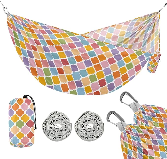 Camping Hammock Outdoor Hammocks for Outside Trellis Geometric Lattice Colorful Beach Trees Portable Lightweight with Pockets Tree Straps Indoor
