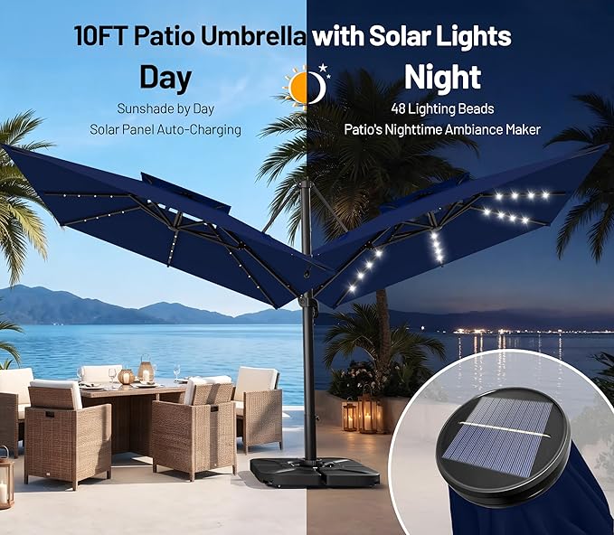AreShark 10×10FT Solar LED Cantilever Umbrella, Double-Top Outdoor Patio Offset with 360 Degree Rotation, Square Offset Hanging Umbrella for Garden Deck Pool, Navy