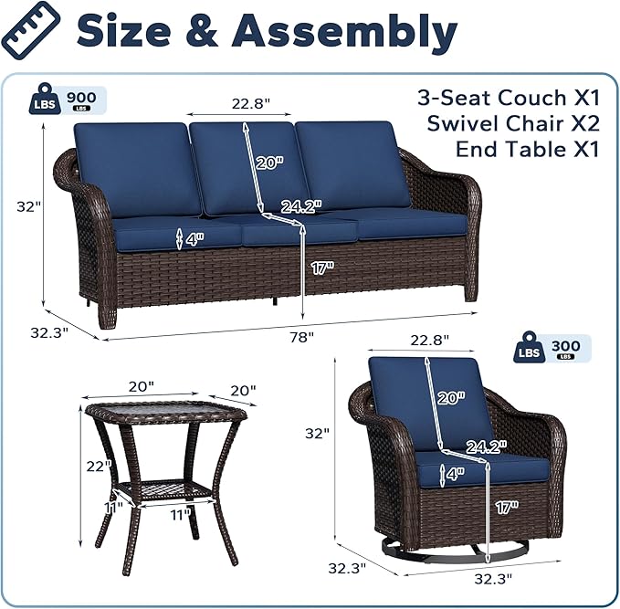 4 PCS Patio Conversation Set | 78" Couch, 2 Swivel Chairs, 1 Side Table， Outdoor Wicker Conversation Furniture with Removable Cushions for Bistro, Deck, Sunroom(Navy Blue)